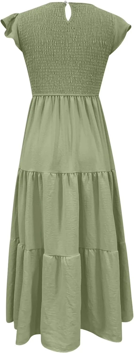 Ceboyel Womens Flutter Sleeve Summer Dresses Bohemian Maxi Long Dress Tiered Ruffle Dresses Elegant Casual Weddings Clothing