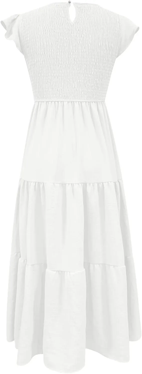 Ceboyel Womens Flutter Sleeve Summer Dresses Bohemian Maxi Long Dress Tiered Ruffle Dresses Elegant Casual Weddings Clothing
