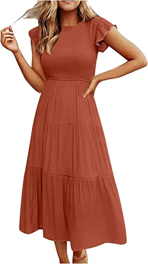 Ceboyel Womens Flutter Sleeve Summer Dresses Bohemian Maxi Long Dress Tiered Ruffle Dresses Elegant Casual Weddings Clothing