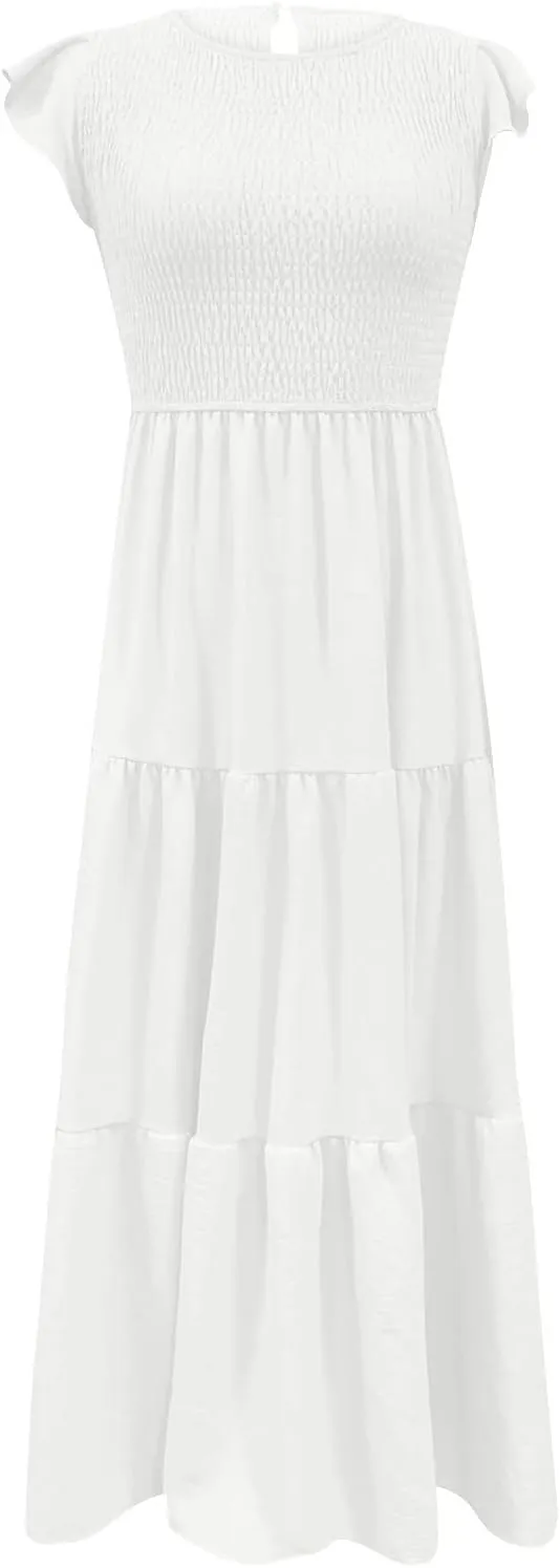 Ceboyel Womens Flutter Sleeve Summer Dresses Bohemian Maxi Long Dress Tiered Ruffle Dresses Elegant Casual Weddings Clothing