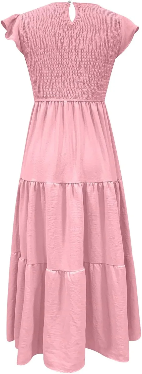 Ceboyel Womens Flutter Sleeve Summer Dresses Bohemian Maxi Long Dress Tiered Ruffle Dresses Elegant Casual Weddings Clothing