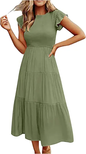 Ceboyel Womens Flutter Sleeve Summer Dresses Bohemian Maxi Long Dress Tiered Ruffle Dresses Elegant Casual Weddings Clothing