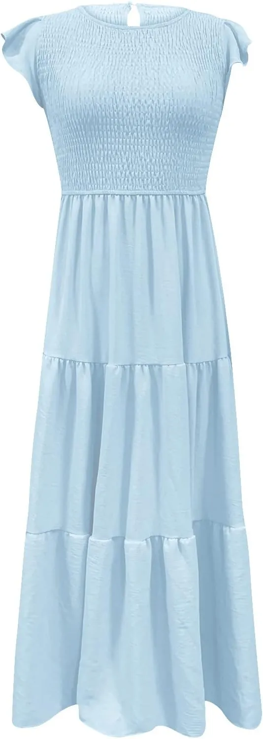 Ceboyel Womens Flutter Sleeve Summer Dresses Bohemian Maxi Long Dress Tiered Ruffle Dresses Elegant Casual Weddings Clothing