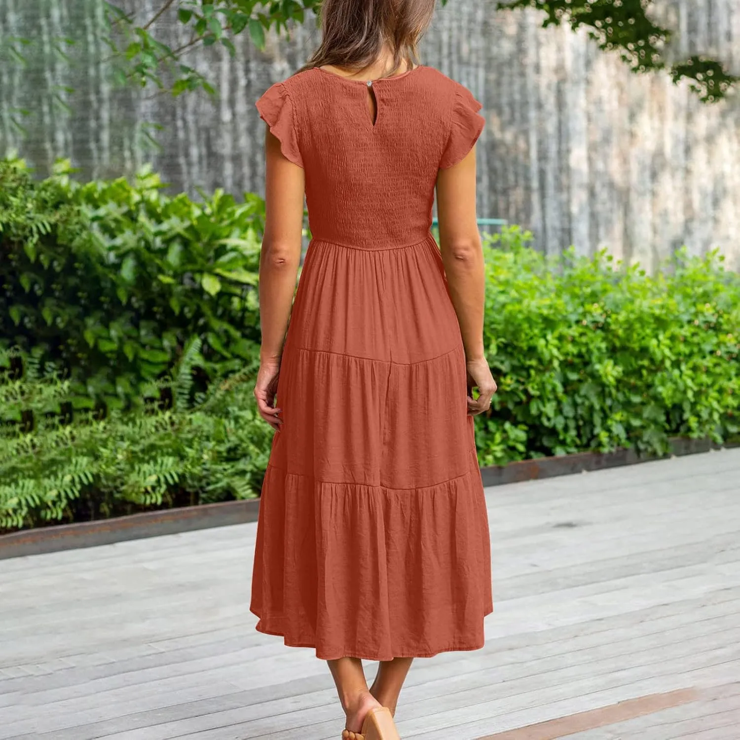 Ceboyel Womens Flutter Sleeve Summer Dresses Bohemian Maxi Long Dress Tiered Ruffle Dresses Elegant Casual Weddings Clothing