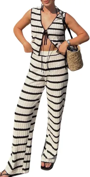 CHARTOU Women Summer 2 Pieces Knit Outfits Stripes Sleeveless Top and Wide Leg Pants Lounge Set
