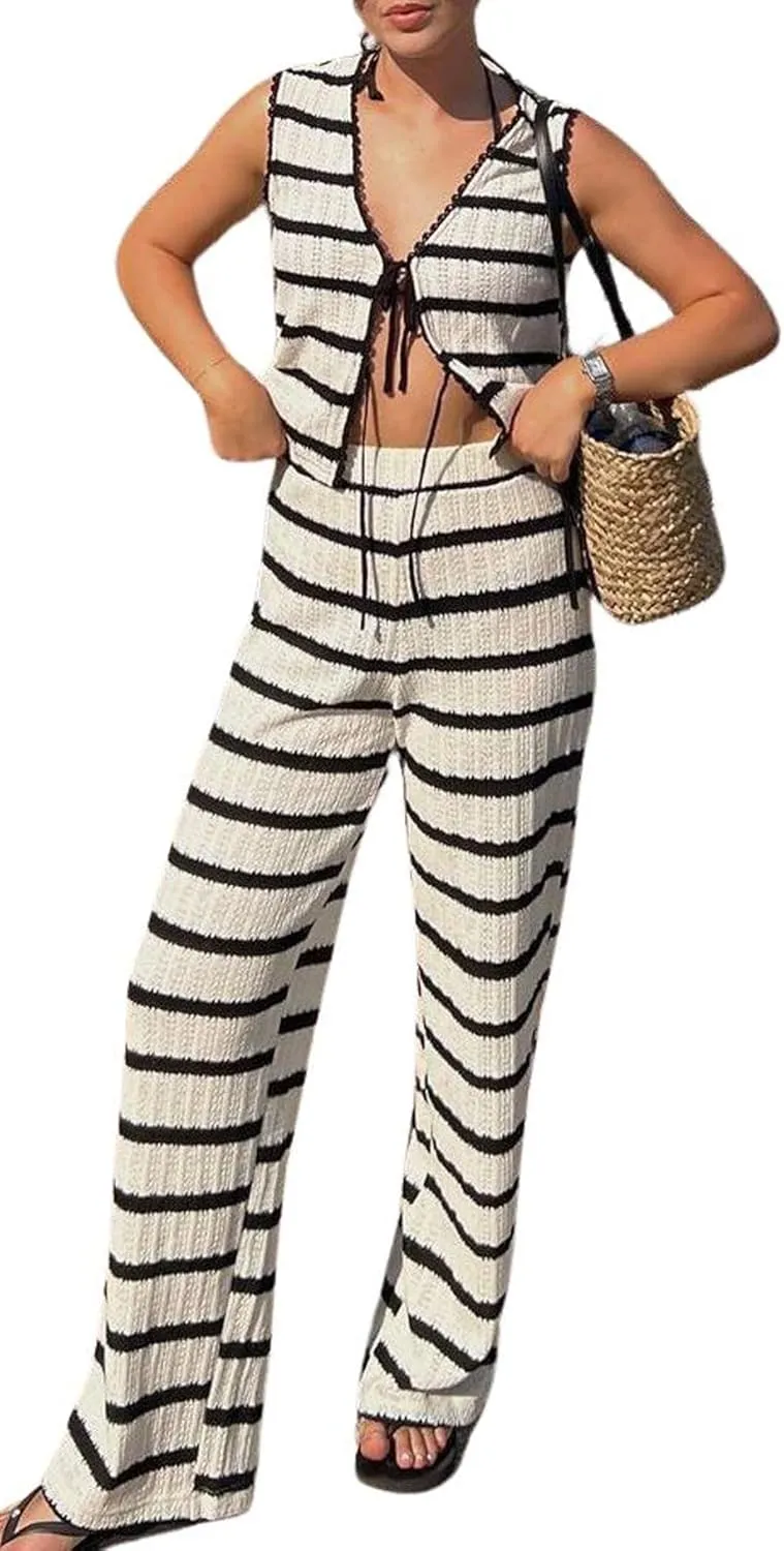 CHARTOU Women Summer 2 Pieces Knit Outfits Stripes Sleeveless Top and Wide Leg Pants Lounge Set
