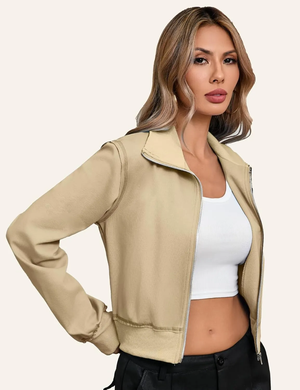 CHERFLY Cropped Jackets for Women 2025 Zip Up Hoodies Casual Spring Coats