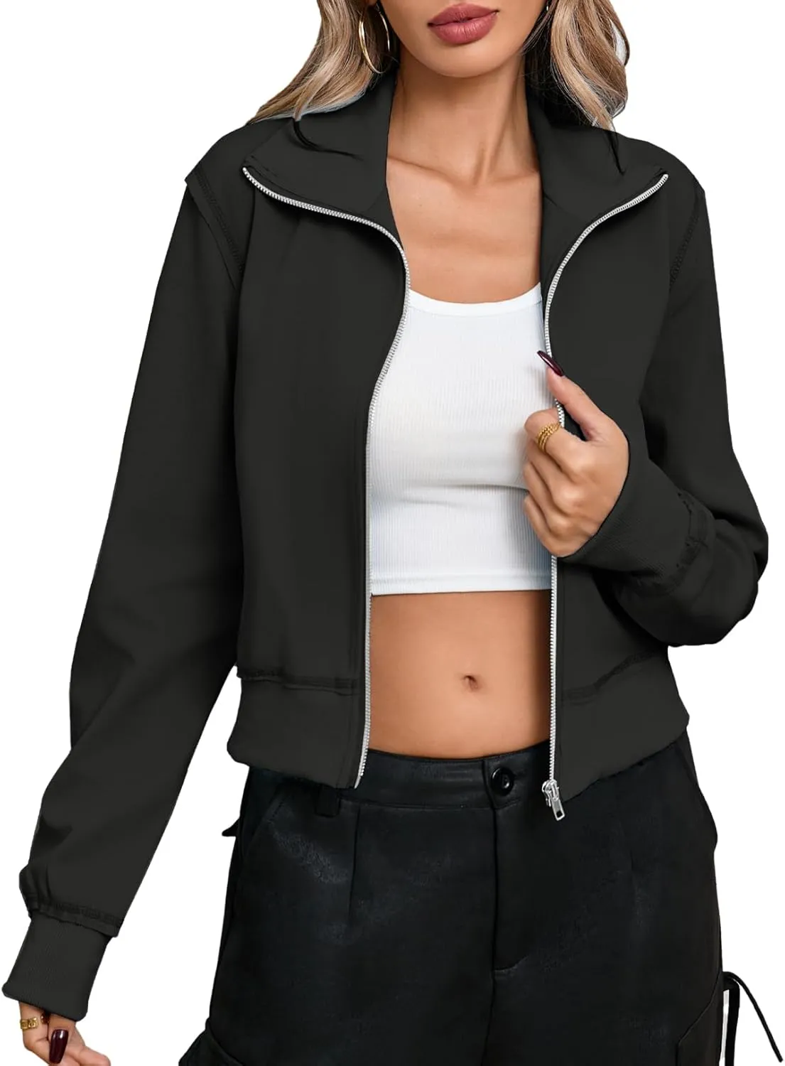 CHERFLY Cropped Jackets for Women 2025 Zip Up Hoodies Casual Spring Coats