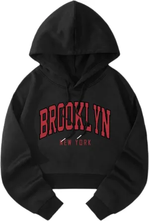 ChezMax Brooklyn Letter Graphic Cropped Hoodies Aesthetic Sweatshirts Women Trendy Long Sleeve Tops, bg08