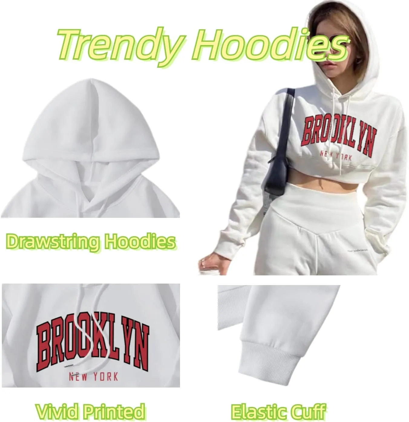 ChezMax Brooklyn Letter Graphic Cropped Hoodies Aesthetic Sweatshirts Women Trendy Long Sleeve Tops, bg08