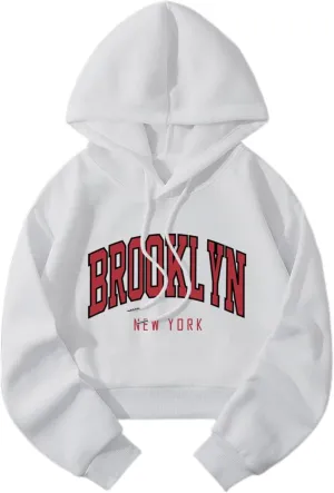ChezMax Brooklyn Letter Graphic Cropped Hoodies Aesthetic Sweatshirts Women Trendy Long Sleeve Tops, bg08