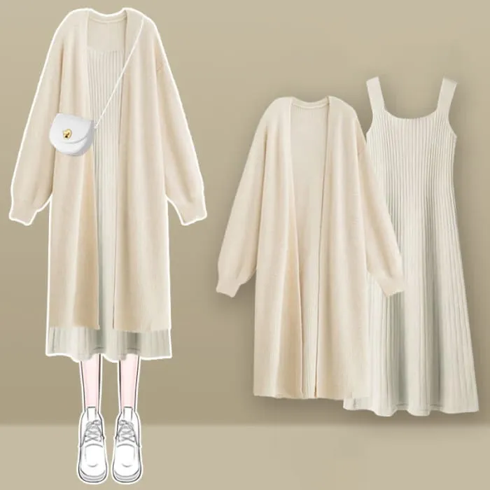 Chic Knit Cardigan Outerwear Slip Dress Set