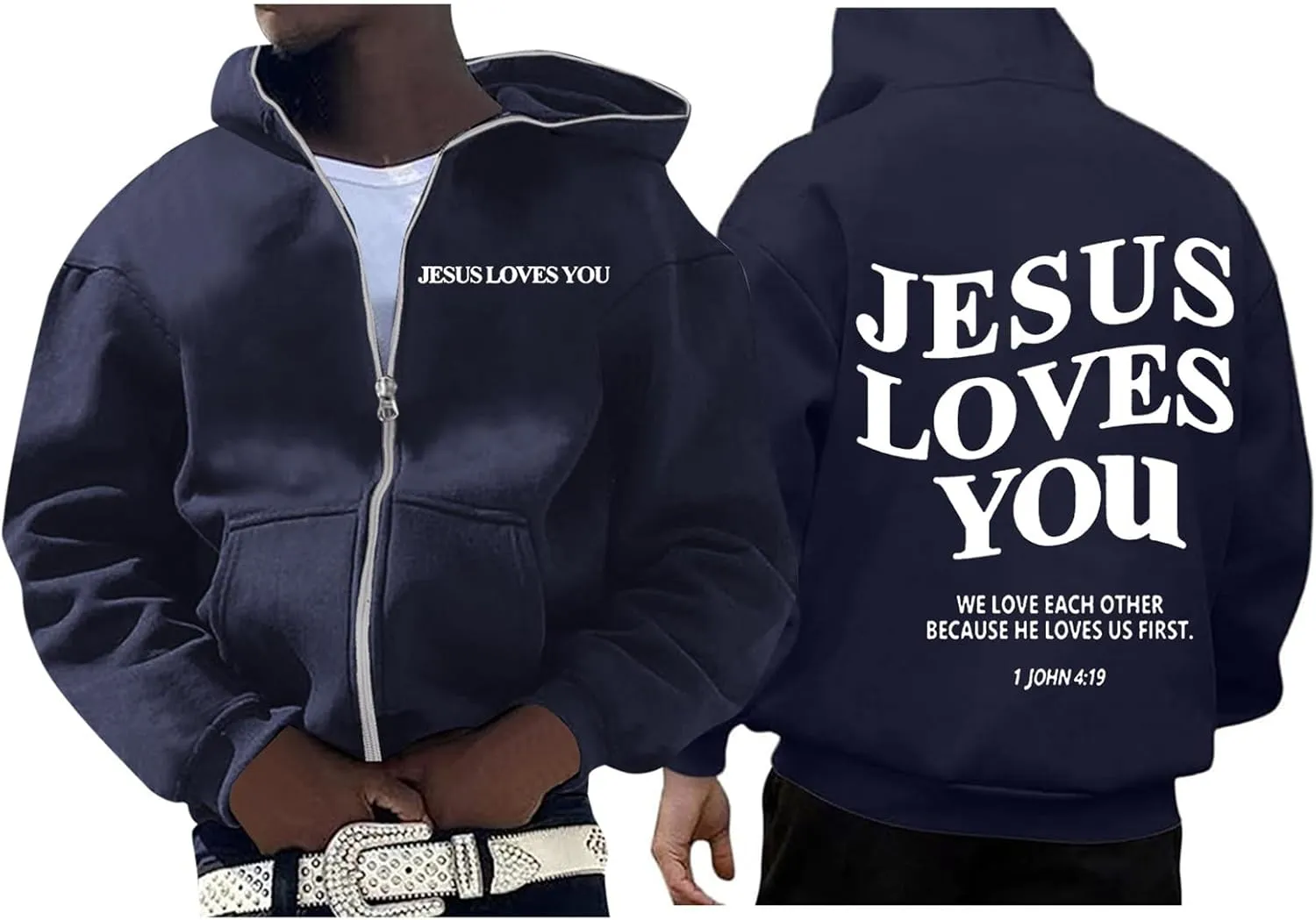 Christian Hoodies for Men Jesus Loves You Letter Print Sweatshirts Vintage Graphic Full Zip Up Hoodie with Pockets