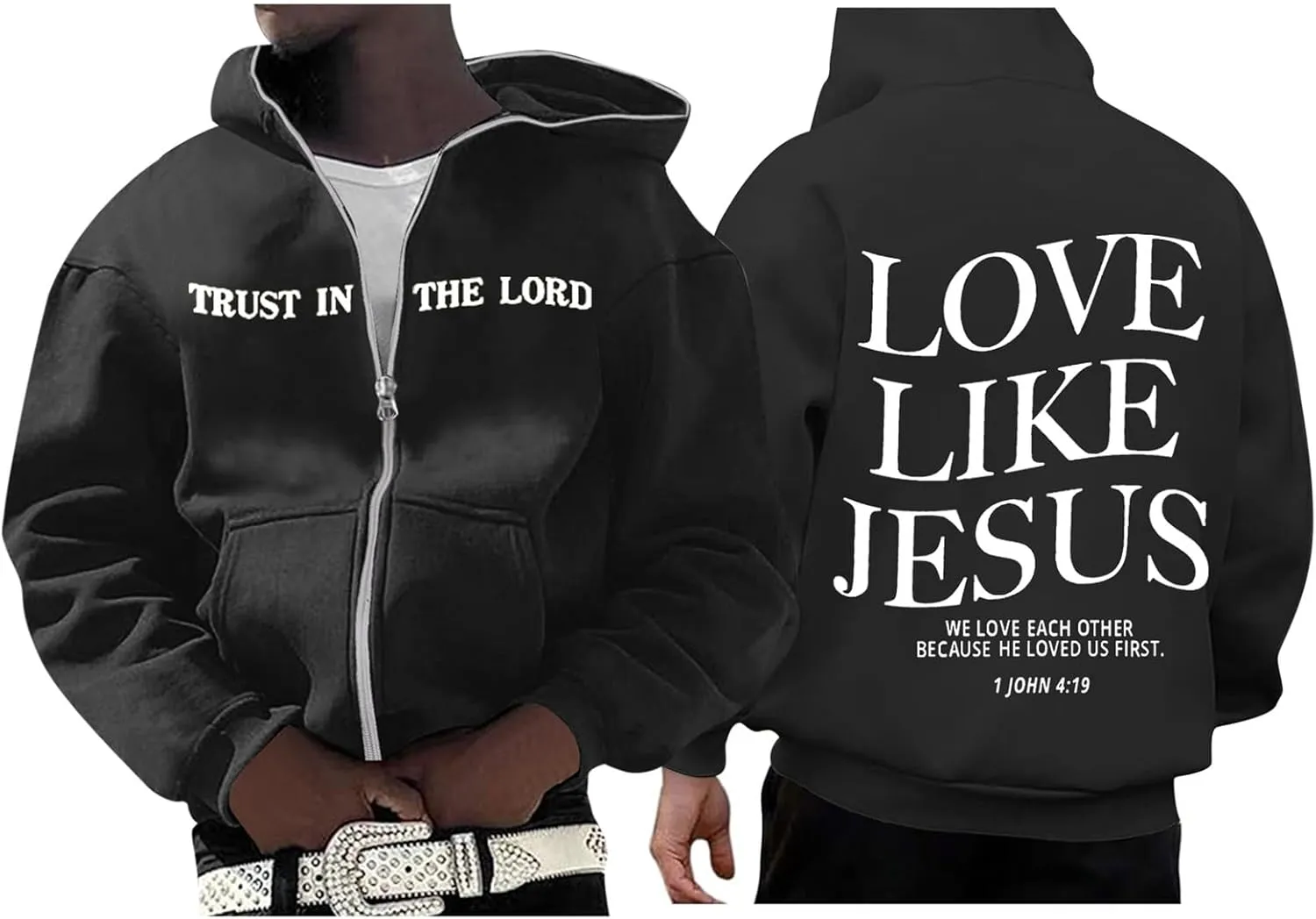 Christian Hoodies for Men Jesus Loves You Letter Print Sweatshirts Vintage Graphic Full Zip Up Hoodie with Pockets