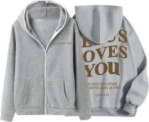 Christian Hoodies for Men Jesus Loves You Letter Print Sweatshirts Vintage Graphic Full Zip Up Hoodie with Pockets