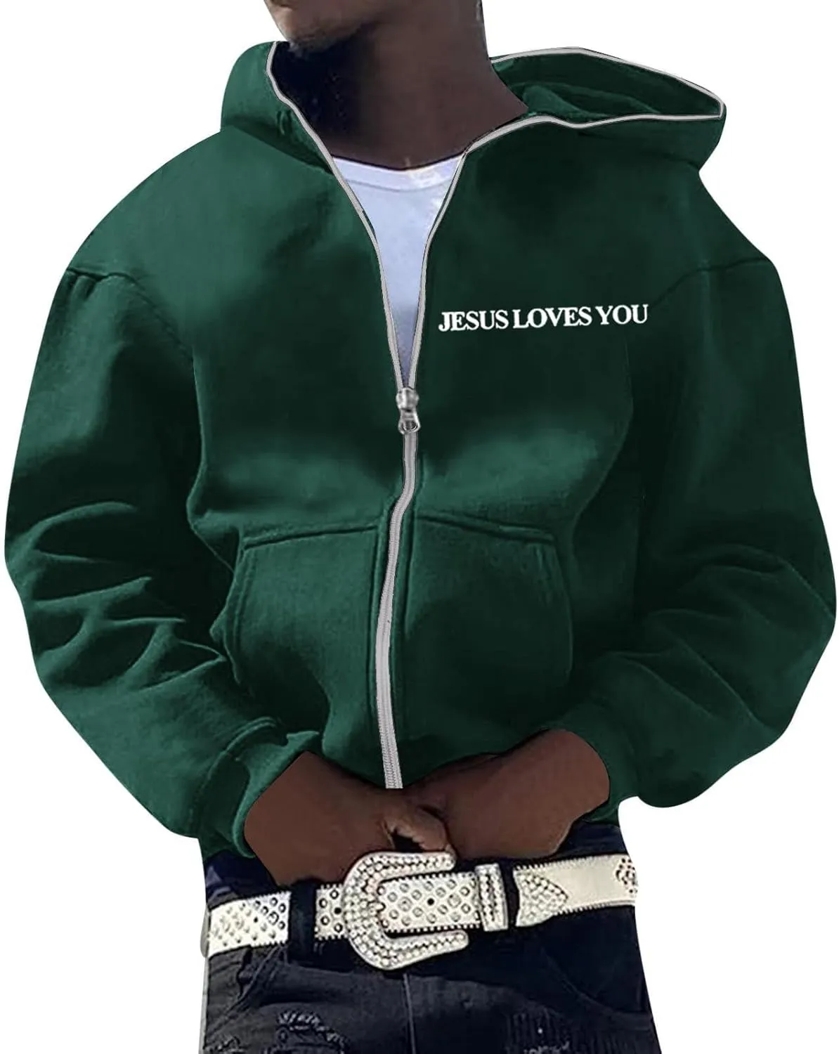 Christian Hoodies for Men Jesus Loves You Letter Print Sweatshirts Vintage Graphic Full Zip Up Hoodie with Pockets
