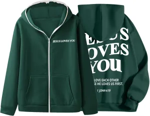 Christian Hoodies for Men Jesus Loves You Letter Print Sweatshirts Vintage Graphic Full Zip Up Hoodie with Pockets