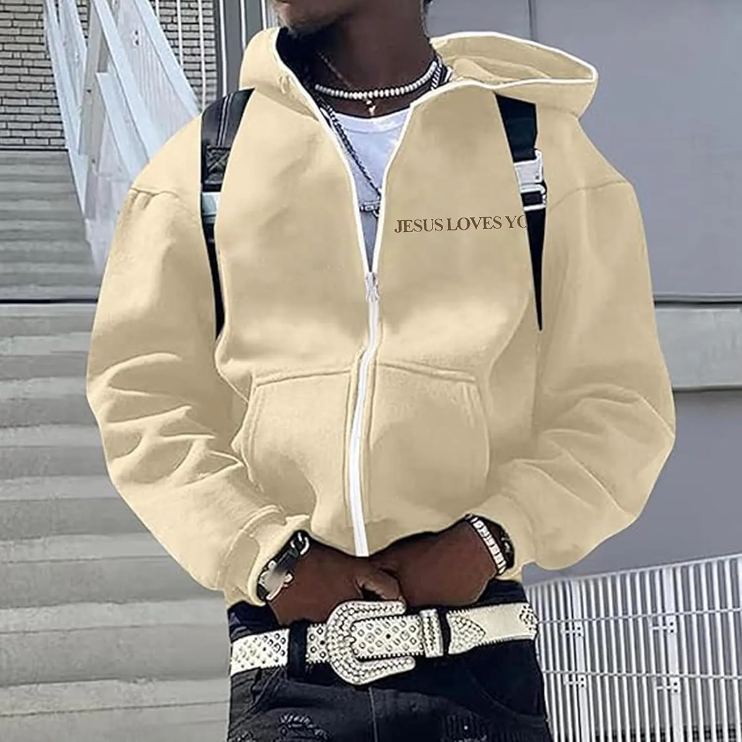 Christian Hoodies for Men Jesus Loves You Letter Print Sweatshirts Vintage Graphic Full Zip Up Hoodie with Pockets