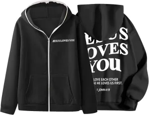 Christian Hoodies for Men Jesus Loves You Letter Print Sweatshirts Vintage Graphic Full Zip Up Hoodie with Pockets