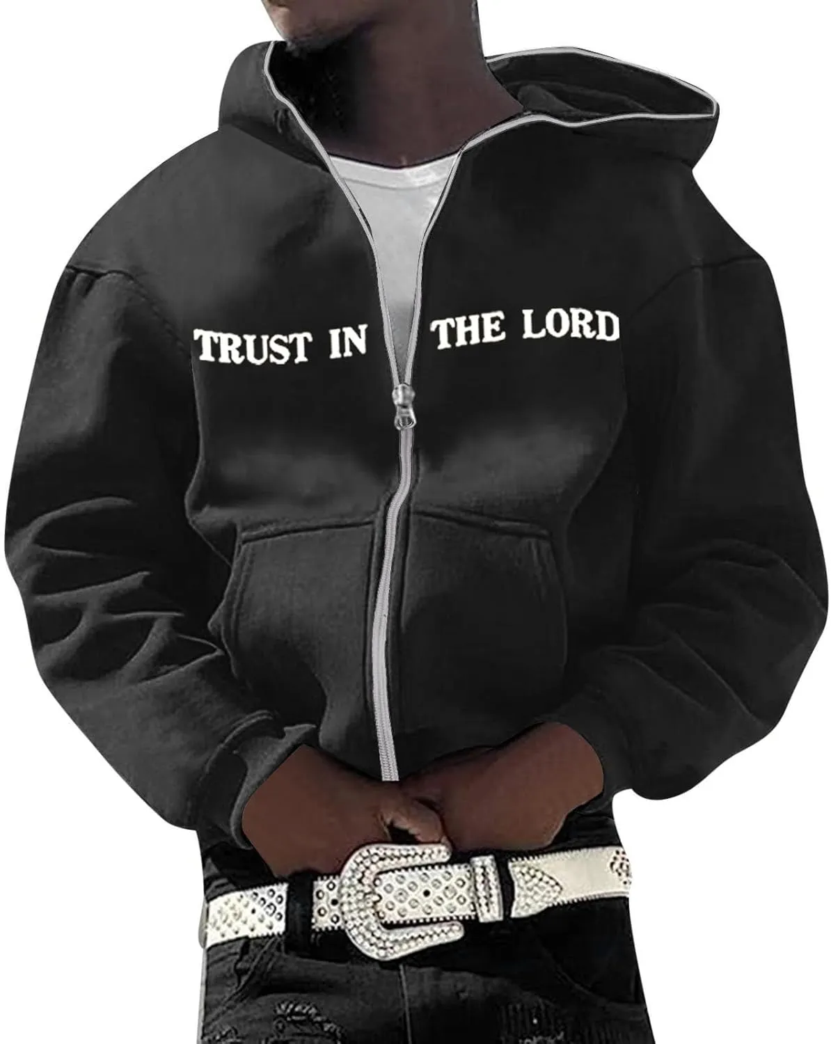 Christian Hoodies for Men Jesus Loves You Letter Print Sweatshirts Vintage Graphic Full Zip Up Hoodie with Pockets