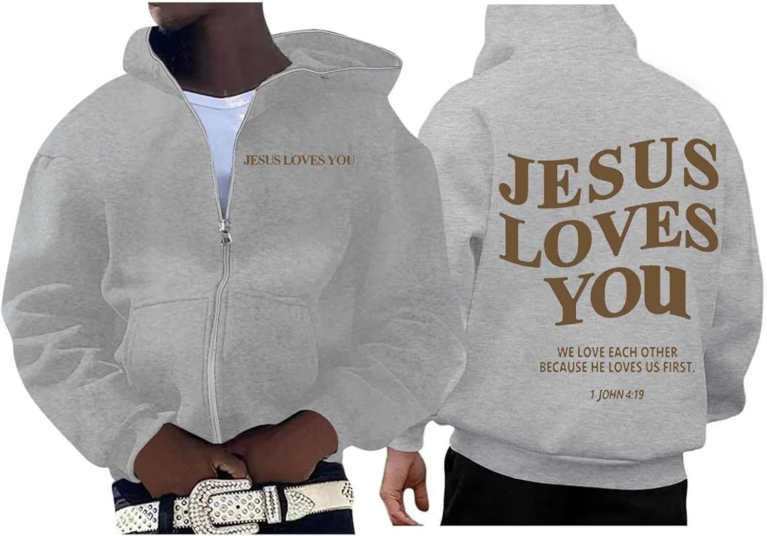 Christian Hoodies for Men Jesus Loves You Letter Print Sweatshirts Vintage Graphic Full Zip Up Hoodie with Pockets