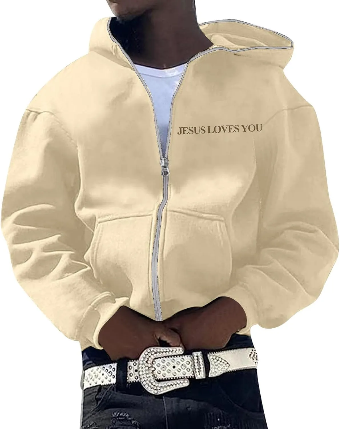 Christian Hoodies for Men Jesus Loves You Letter Print Sweatshirts Vintage Graphic Full Zip Up Hoodie with Pockets