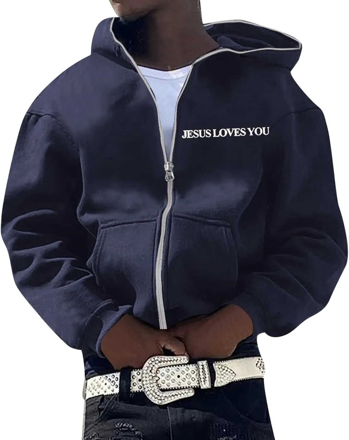 Christian Hoodies for Men Jesus Loves You Letter Print Sweatshirts Vintage Graphic Full Zip Up Hoodie with Pockets