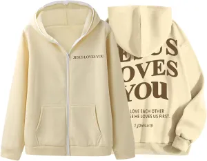 Christian Hoodies for Men Jesus Loves You Letter Print Sweatshirts Vintage Graphic Full Zip Up Hoodie with Pockets