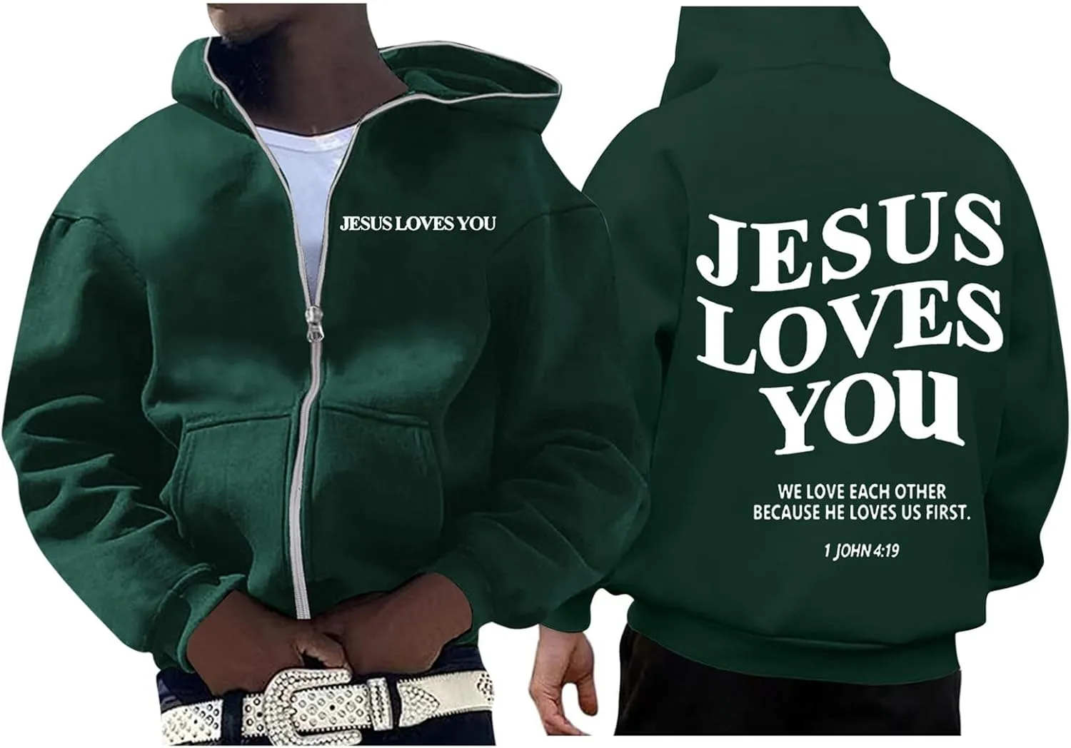 Christian Hoodies for Men Jesus Loves You Letter Print Sweatshirts Vintage Graphic Full Zip Up Hoodie with Pockets