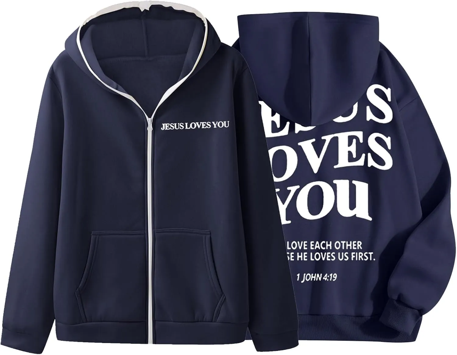 Christian Hoodies for Men Jesus Loves You Letter Print Sweatshirts Vintage Graphic Full Zip Up Hoodie with Pockets