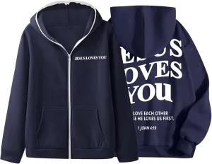 Christian Hoodies for Men Jesus Loves You Letter Print Sweatshirts Vintage Graphic Full Zip Up Hoodie with Pockets