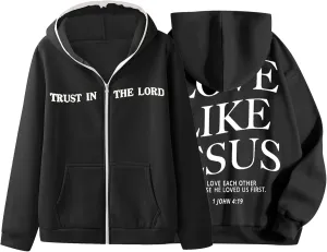 Christian Hoodies for Men Jesus Loves You Letter Print Sweatshirts Vintage Graphic Full Zip Up Hoodie with Pockets