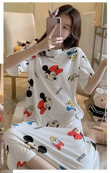 Cloth bag Mickey Minnie print pajamas female summer princess sweet summer cartoon pajamas short-sleeved dress X3133970