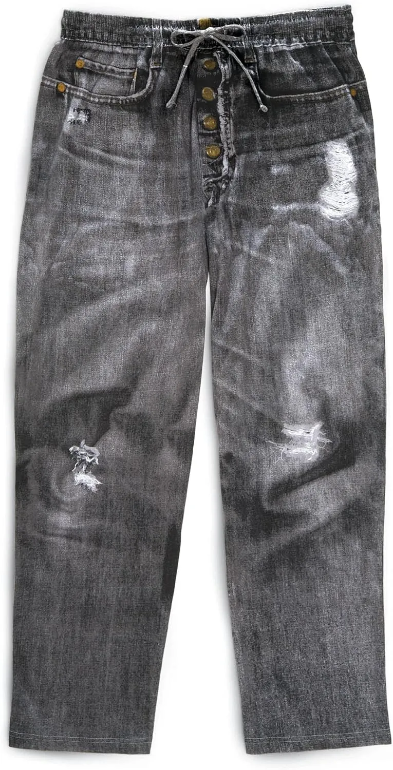 Collections Etc Distressed Faux Dark Denim Soft Cotton Lounge Pant - Drawstring Waistband for Great Fit