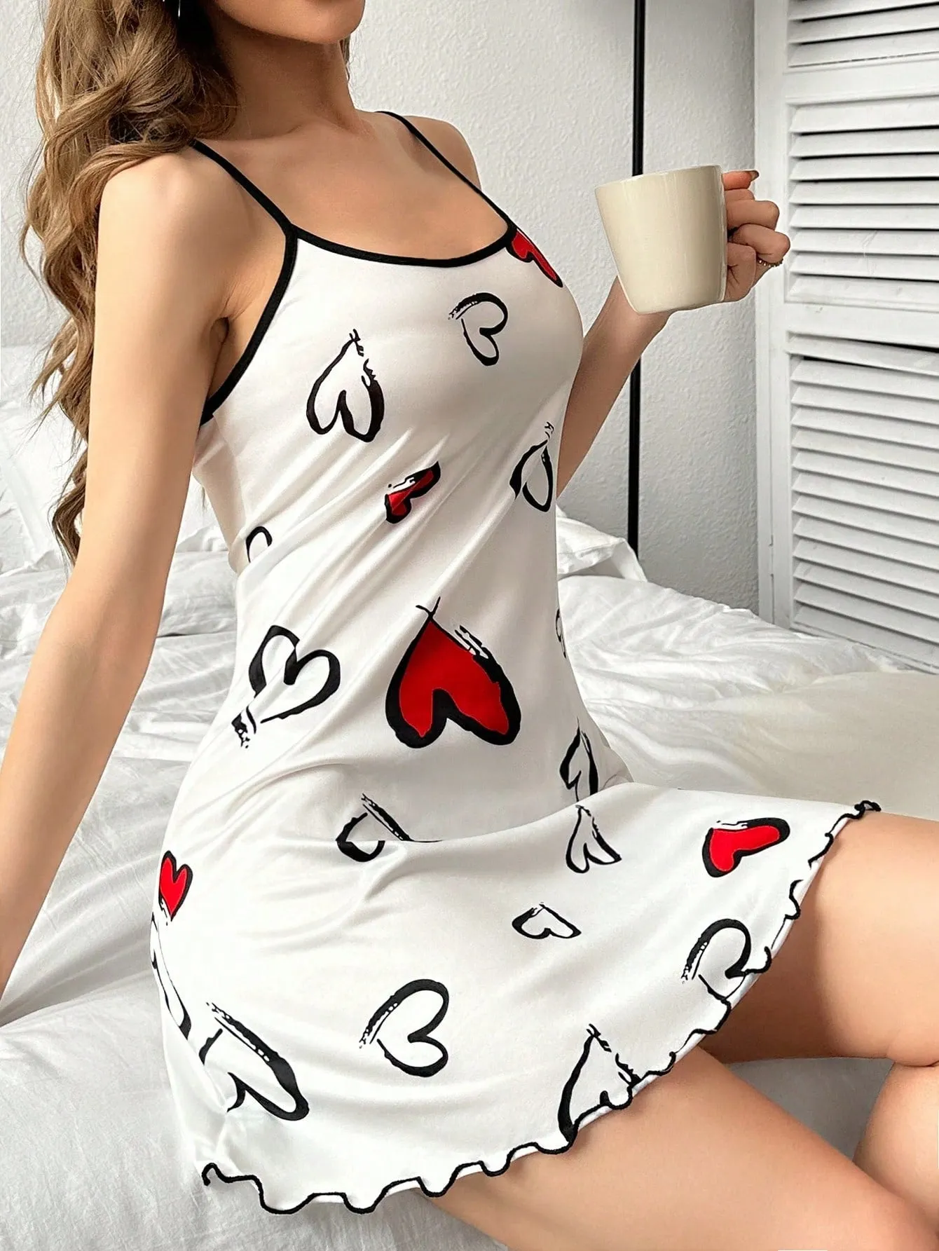 Colorblock Heart Printed Cami Pajama Dress With Lace Trim