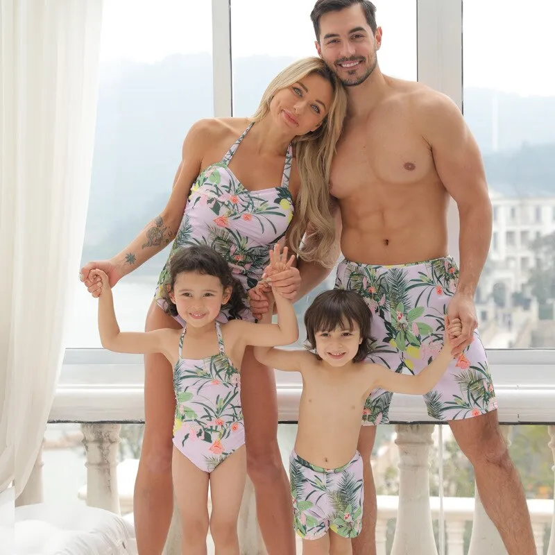 Colorful Flower Family Matching Children Swimsuits Summer Beach