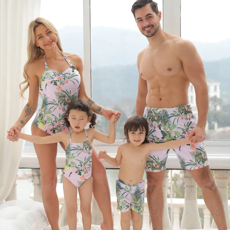 Colorful Flower Family Matching Children Swimsuits Summer Beach