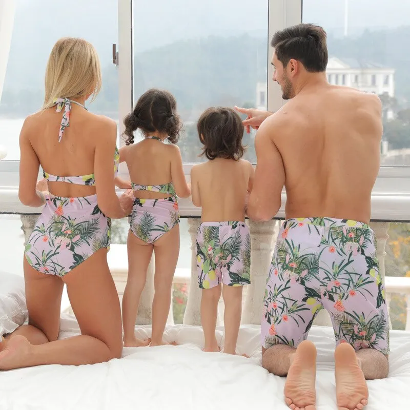 Colorful Flower Family Matching Children Swimsuits Summer Beach