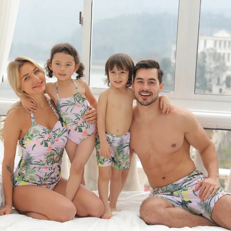Colorful Flower Family Matching Children Swimsuits Summer Beach