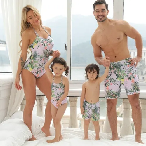 Colorful Flower Family Matching Children Swimsuits Summer Beach