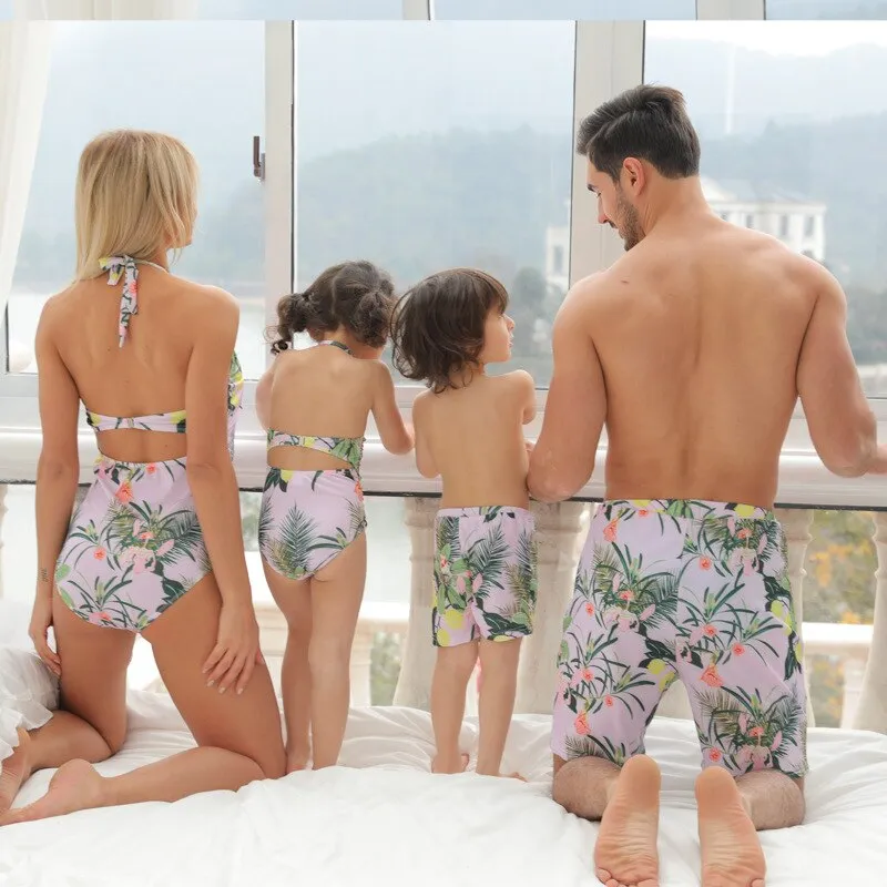 Colorful Flower Family Matching Children Swimsuits Summer Beach