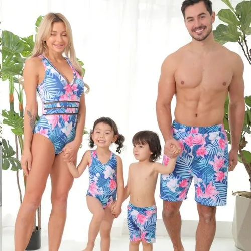 Colorful Flower Family Matching Children Swimsuits Summer Beach