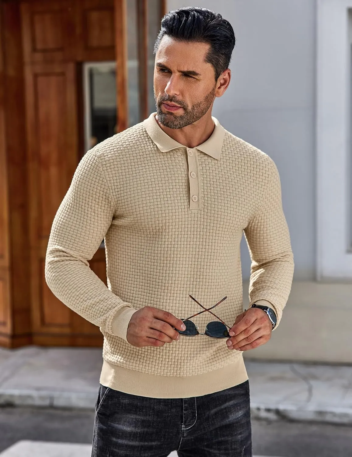 COOFANDY Men's Knit Polo Shirts Long Sleeve Sweater Polo Lightweight Fashion Casual Collared T Shirts
