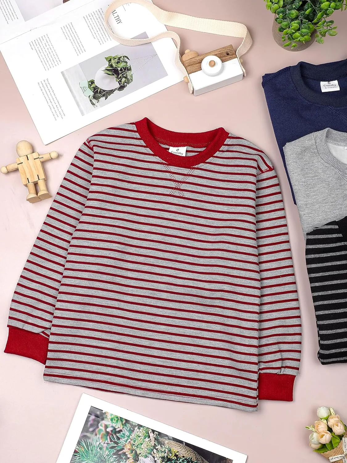 Cooraby 4 Pack Boys' Thermal Long-Sleeve Shirts Stripe and Solid Tee Shirts Soft Cotton Tees for Boys and Toddlers