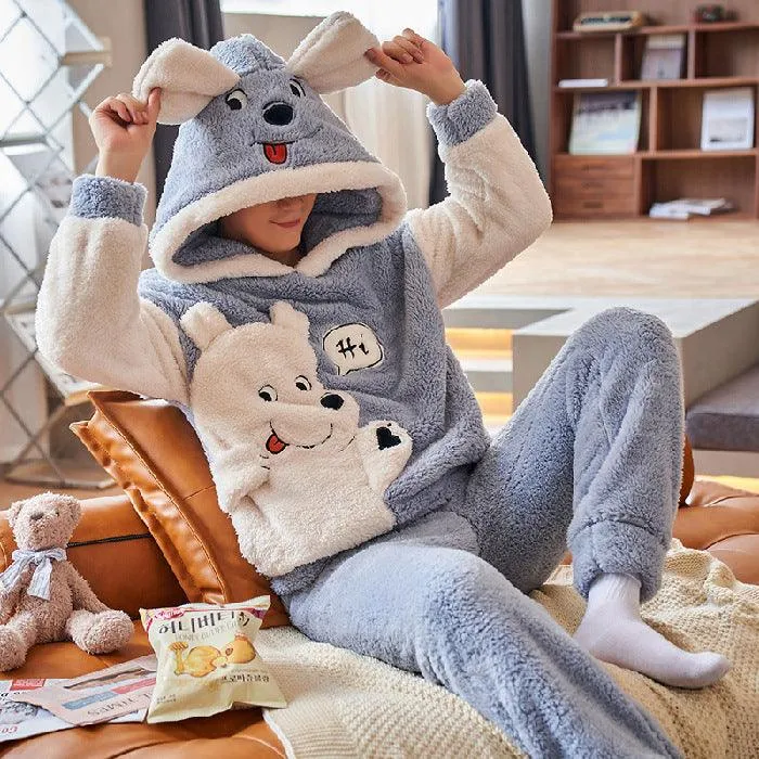 Coral Fleece Couple Pajamas Cute Flannel Loungewear