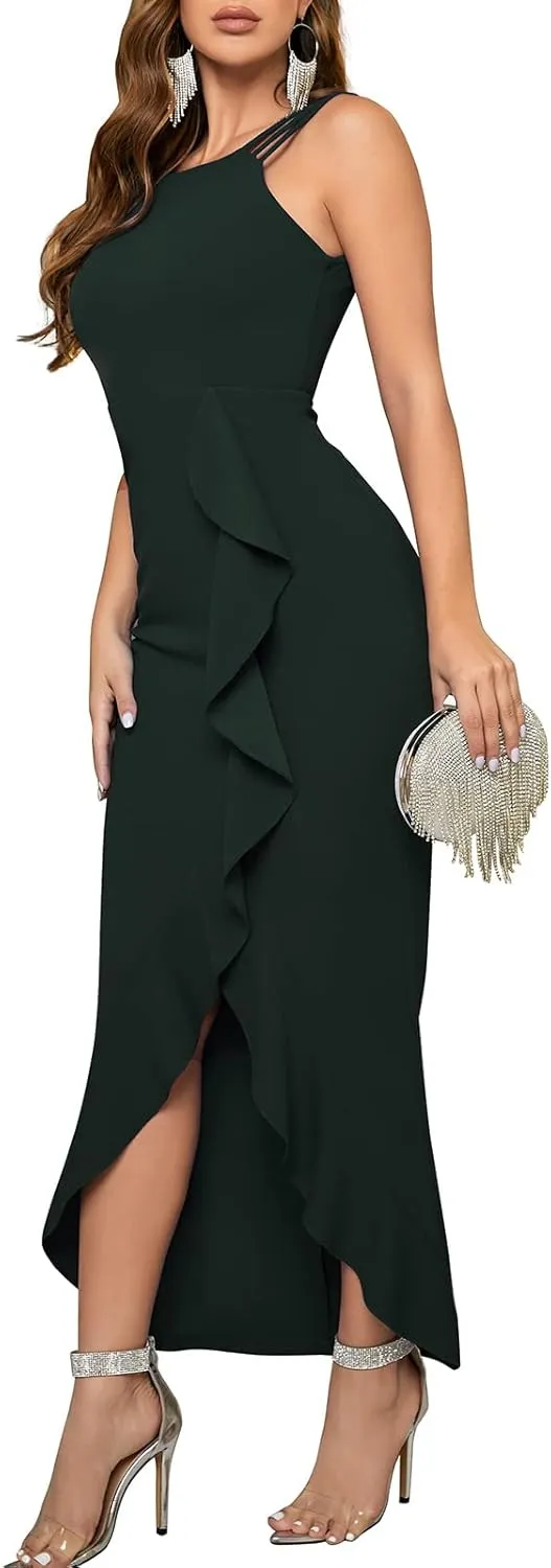 CORSKI Women's Formal Evening Dress Bodycon Ruffle Hem Mermaid Split Cocktail Long Dresses Elegant Wedding Guest Dress