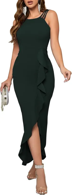 CORSKI Women's Formal Evening Dress Bodycon Ruffle Hem Mermaid Split Cocktail Long Dresses Elegant Wedding Guest Dress