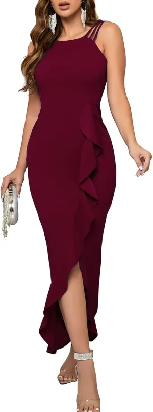 CORSKI Women's Formal Evening Dress Bodycon Ruffle Hem Mermaid Split Cocktail Long Dresses Elegant Wedding Guest Dress