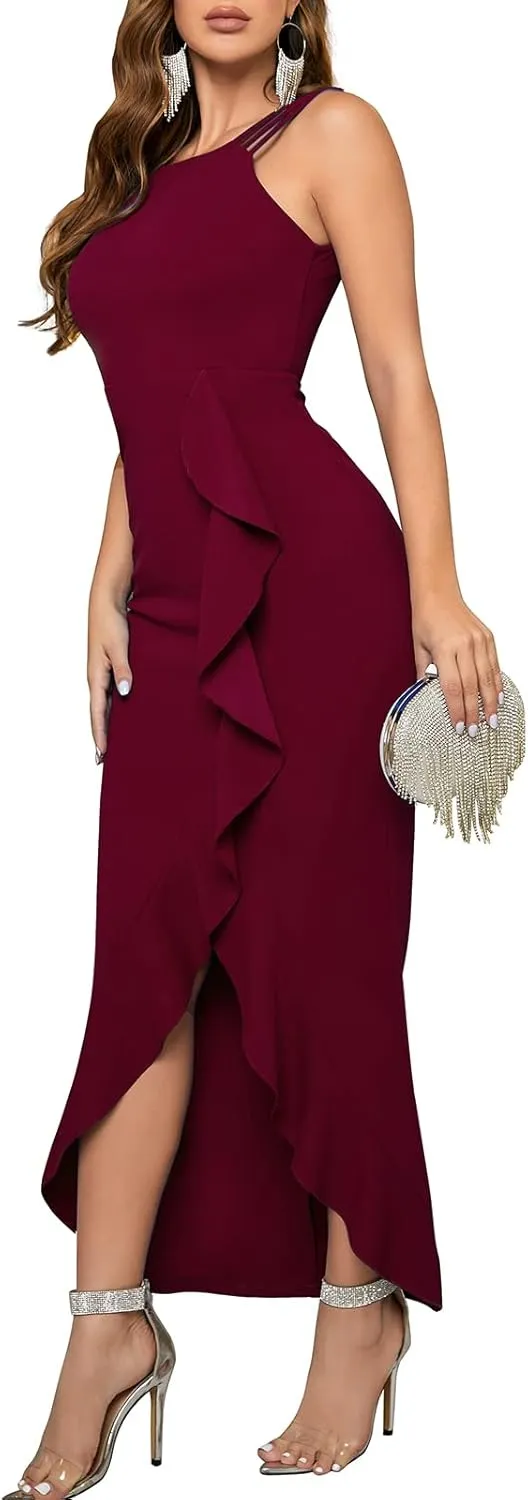 CORSKI Women's Formal Evening Dress Bodycon Ruffle Hem Mermaid Split Cocktail Long Dresses Elegant Wedding Guest Dress