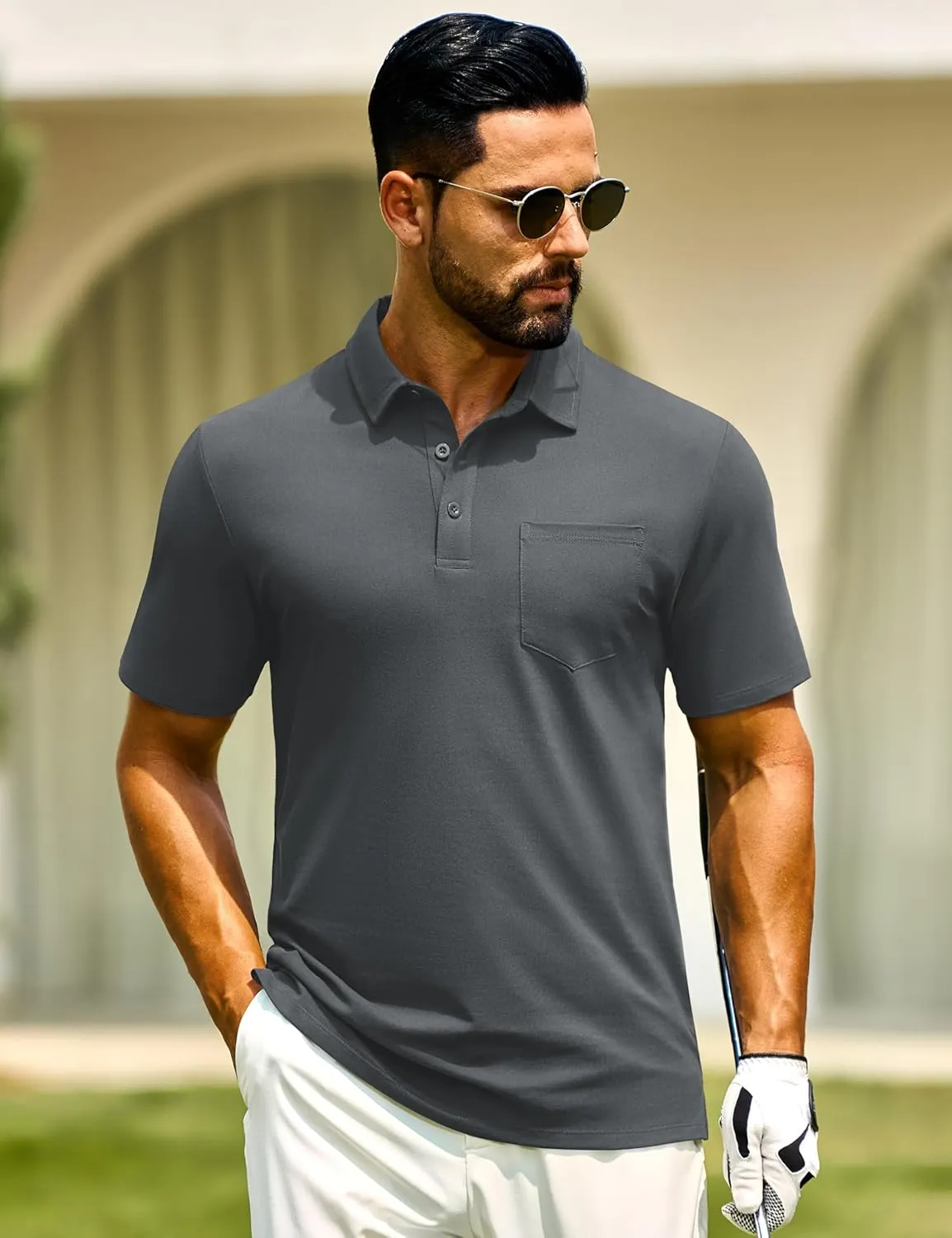 Cotrasen Men's Polo Shirts Short Sleeve Cotton Pique Classic Fit Casual Pocket T-Shirt Colling Performance Golf Shirts
